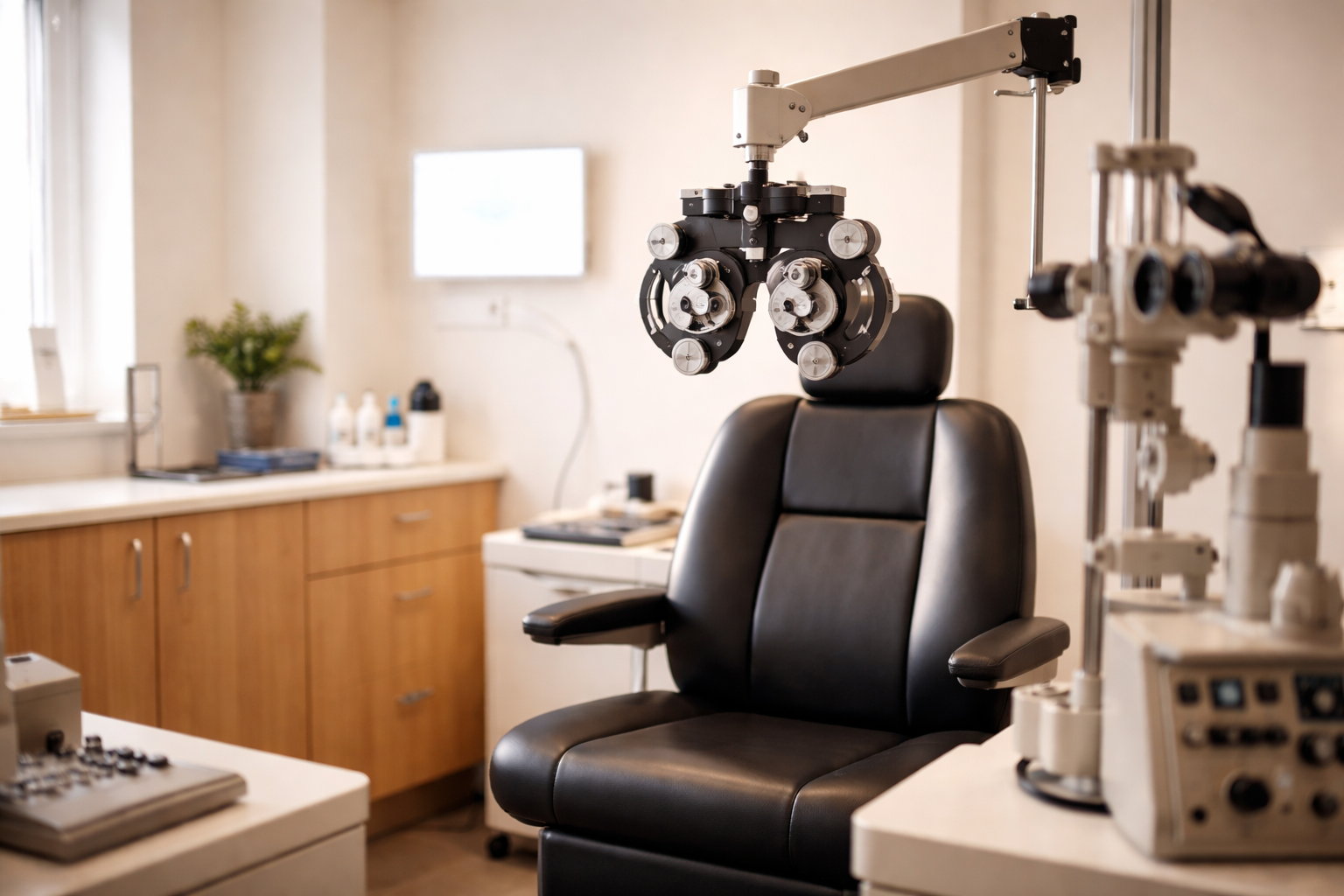 Eye exam room at District Vision Care with phoropter and exam chair
